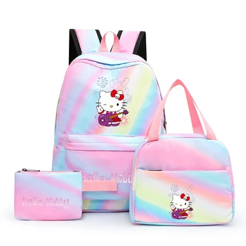 3шт Sanrio Цветни Раница с Чанта за Обяд За Жени Студентски Тийнейджъри Раница Hello Kitty Ежедневните Училищни Чанти Комплекти