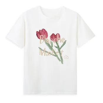 Тениска с гуашевым тюльпаном, летни ежедневни ризи с къс ръкав, дамски топ, евтини дамски дрехи A0115