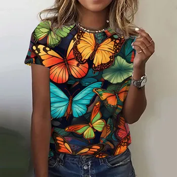 2023 Модни дамски тениски с 3D принтом пеперуда, през цялата деколте, риза с къс ръкав, Луксозни дамски тениски, дрехи Y2k оверсайз за момичета