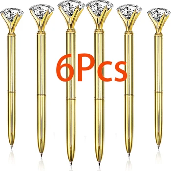 6шт химикалки с големи кристали и диаманти, златни прибиращи метални кристални дръжки за жени