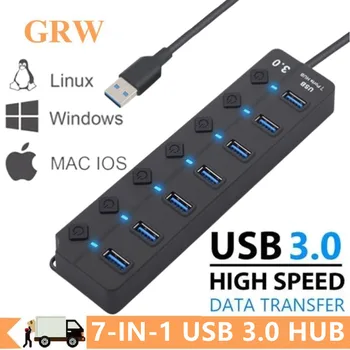 GRWIBEOU Високоскоростен 7-портов USB хъб 3.0 Адаптер-удължител Multi USB Сплитер Множество удължител с led лампа за КОМПЮТЪР-лаптоп