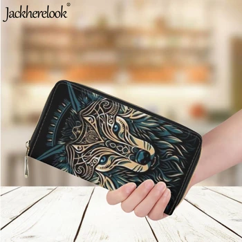 Jackherelook Модерен Класически Женски дълъг чантата с шарките на животното Вълк, Луксозна кожена кесия, Бизнес държач за банкови карти, клатч