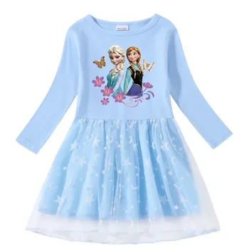 MINISO Frozen Нова рокля за момичета от трансграничната плат с изображение, анимационни звезди и Луната, сетчатое принцеса рокля с дълги ръкави
