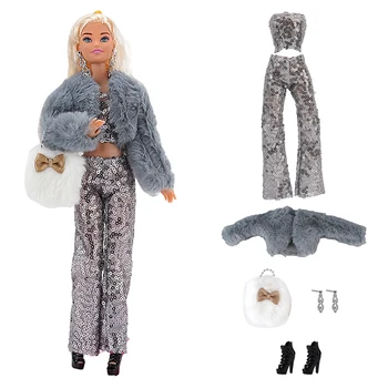 NK 1 комплект аристократично рокли за кукли принцеси： сив плюшен яке + лъскави дрехи + аксесоари за кукла Барби Модни дрехи със собствените си ръце