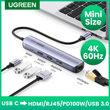 UGREEN C USB Hub, Мини Размер, USB Type C от 3,1 до 4K, HDMI, RJ-45 USB 3.0 USB Адаптер C Зарядно устройство за MacBook Pro MacBook Air 2020 PC USB HUB