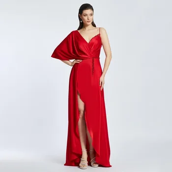 Атласное вечерна рокля за сватба, червено, трапециевидное, с ръкави 