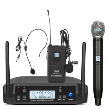 Безжичен UHF микрофон Dual Микрофон система Слушалки Динамичен микрофон Обучение реч Сценично представяне Двойни Преносими микрофони