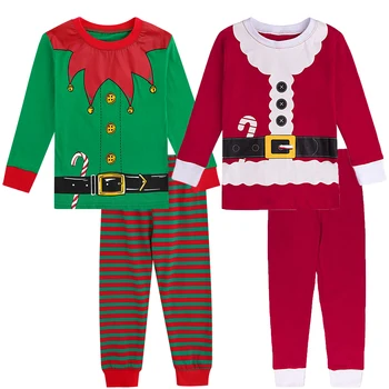 Два Комплекта Коледни Пижам от 100% Памук за Деца, Пижами със Зелен Елф на Дядо Коледа За Деца, Пижами За Момчета И Момичета, Коледна Пижама, Коледни Пижами
