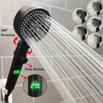 Дъждовна накрайник за душ с високо налягане, цифров дисплей на температурата, Накрайник за душ с 5 Настройките за пръскане, Ръчен душ, Аксесоари за баня