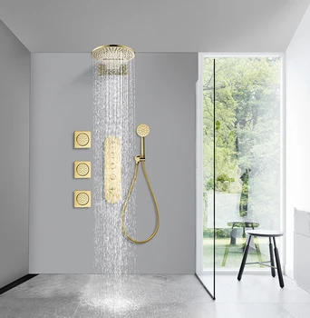 Златен смесител за баня с душ-глава, скрит термостатичен смесител, четири функции, кръгла дизайн, три стенни спрей
