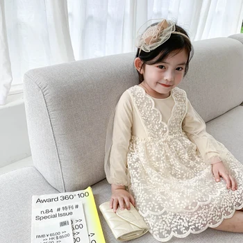 Колекция 2022 година, пролетно-есенен детски дрехи, дантелени костюми на принцеса с дълги ръкави, Корейската версия, всекидневни, детски рокли кайсиев цвят за момиче от 1 до 6 години