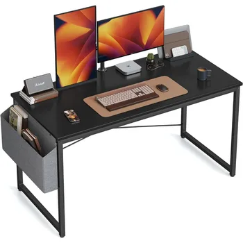 Компютърна маса, 55-инчов бюро за домашния офис, модерна маса за лаптоп в минималистичен стил, с чанта за съхранение, черен