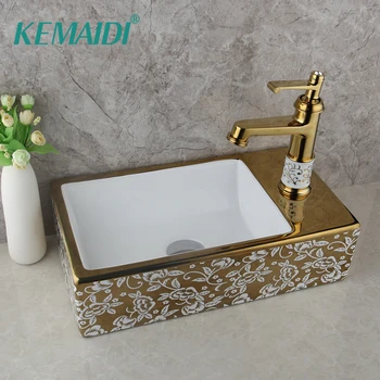 Мивка KEMAIDI Смесител за топла и студена вода + Мивка в банята Над мивката, Европейската керамична мивка, Художествена мивка, Златна Квадратен мивка