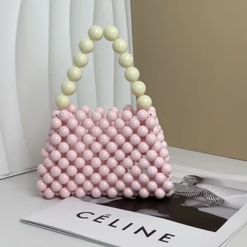 Мини чанта от перли, Дамски Модни Малка Чанта Sweet Macaron, Клатчи ръчно изработени чанта, изработена от мъниста 2023, Нови Пролетно-летни Дамски чанти