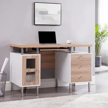 Модерен Двуцветен бюро Elsy с 3 чекмеджета за съхранение на неща, Компютърна маса, бюро с чекмеджета за дома, Офис бюро с чекмеджета