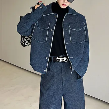Модерен мъжки дънкови якета с застиранными ръбове, джобове с ревери, палта с дълъг ръкав, мъжки ежедневни градинска дрехи, Свободна Универсална укороченная на горно облекло