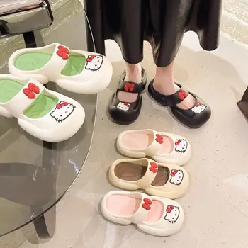 Модни летни сандали Sanrio в стила Аниме, дамски чехли с изображение на Hello Kitty, плажни обувки с хубав модел, Обувки с дупки на мека дебела подметка