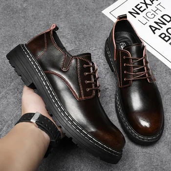 Мъжки oxfords, луксозни кожени обувки в стил ретро, модерни дишащи обувки на платформа изработени ръчно, Нова ежедневни обувки за мъже