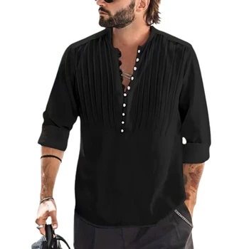 Мъжки ежедневни памук, ленени блузи с дълъг ръкав, V образно деколте, Реколта потници и тениски