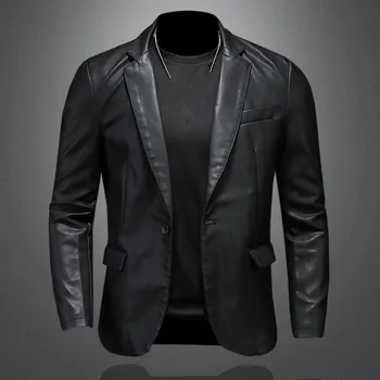 Нови мъжки Приталенные кожени якета от изкуствена кожа, ежедневни мотоциклетни палто с отложным яка, черна байкерская кожена замшевая на горно облекло за мъже 5XL