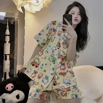 Пижами Kawali Сладко Sanrio Hellokitty с шарките на аниме, Ежедневни домашно облекло, Домашен костюм за момичета с принтом на лацканах, Подарък на едно момиче за рожден ден