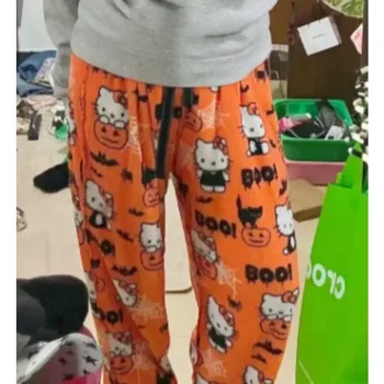 Пижамные панталони с шарките на Kawai на Хелоуин, пижамные панталони с изображение на Hello Kitty от коралов руно, ежедневни домашни меки панталони, дрехи за момичета в подарък