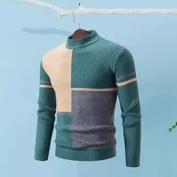 Пуловер, пуловер, вязаный мъжки пуловер с цветни блокчета, с полувысоким яка, оборудвана, топла есен-зима, пуловер с цветни блокчета