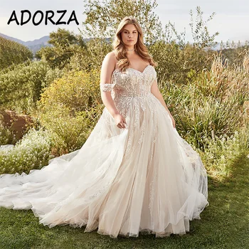 Сватбена рокля ADORZA Плюс размер, дантелени апликации, сватбена рокля в стил сладък момичета, останаха с отворени рамене, Vestido De Noiva за булката