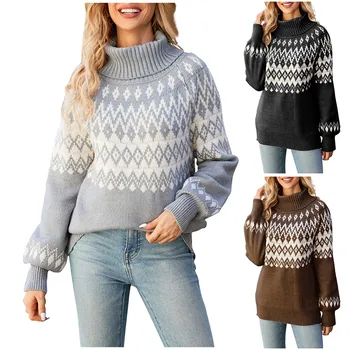 Свободен вязаный женски пуловер в Ретро стил с високо воротом, Ежедневни основа, Топло Свободен пуловер с уникален дизайн и минимализъм
