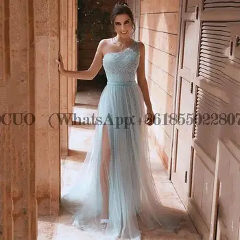 Скай-Синя рокля за абитуриентски бал с пайети на едно рамо, Трапециевидное вечерна рокля с висока цепка, Арабско вечерна рокля с дължина до пода