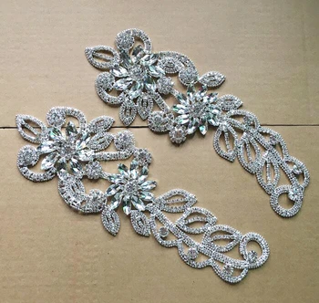 безплатна доставка с 22*7,8 см дължина цвете покритие прозрачен кристал кристал апликация на сребро за вашата сватбена рокля палто, дрехи украса