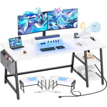 компютърна маса armocity с жак и USB порт за зареждане, 55-инчов бюро с реверсивными рафтове за съхранение, игри на маса с